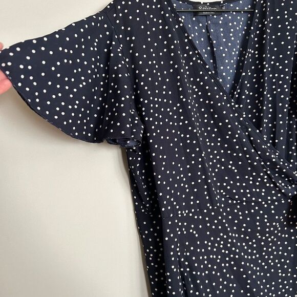 Navy Polka Dot Ruffle Hem Wrap Dress - Picture 7 of 11